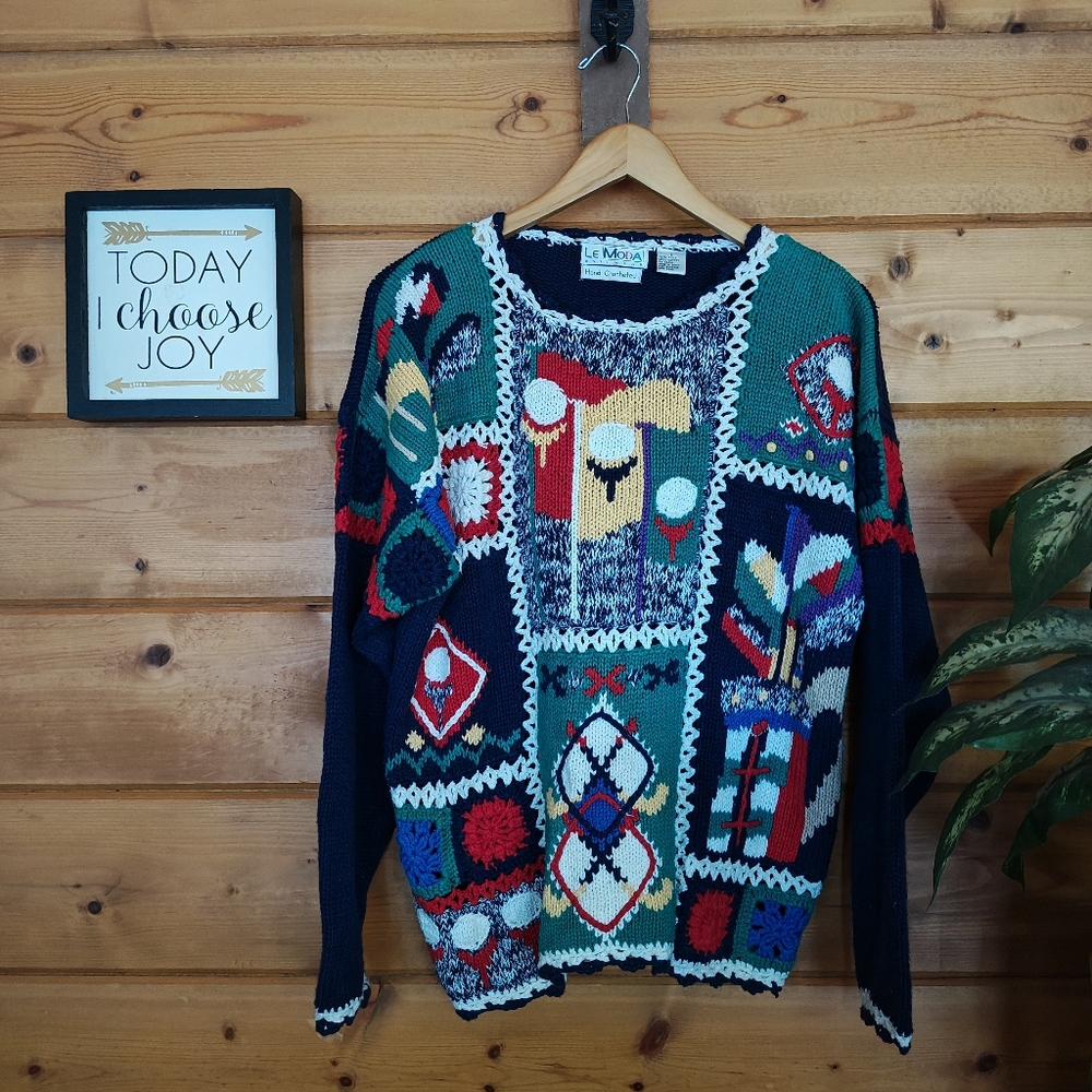 Le Moda Knitwear Vintage Sweater Hand Crochet Golf Granny‎ Square Patchwork Sz L